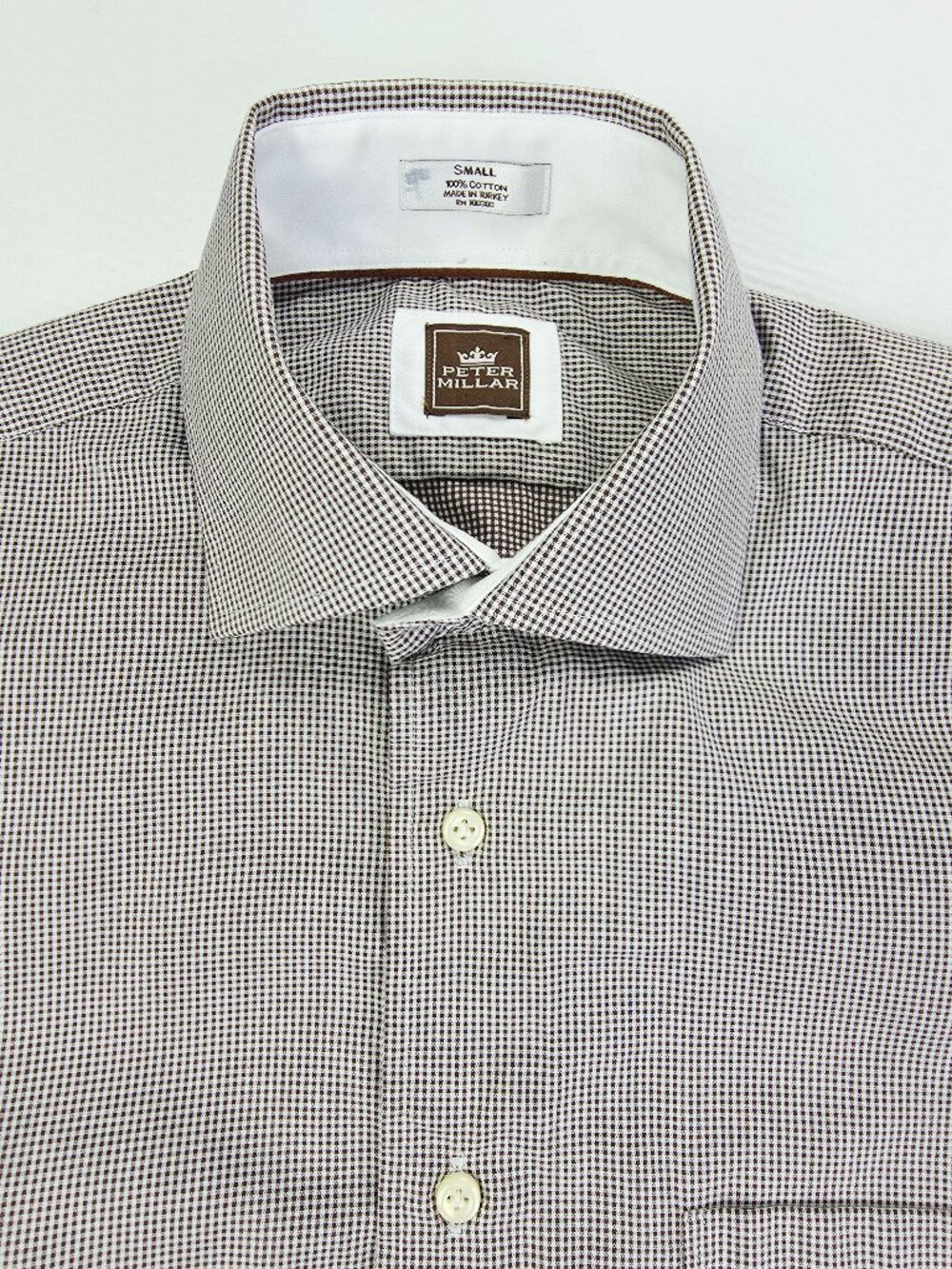 Peter Millar Chocolate Brown White Check Spread Collar Sz Small Men Cotton Shirt